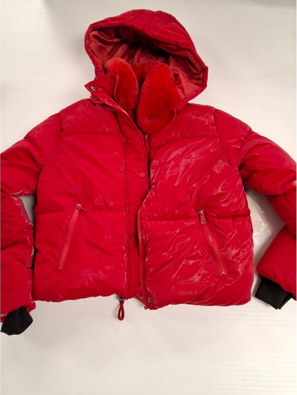 Snobbish Collection Red Puffer Jacket with Faux Fur Lining, Size L/G